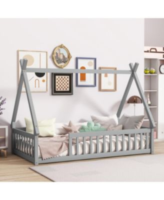 Twin Tent-shaped Floor Bed, Teepee Bed with Guardrails, Slats