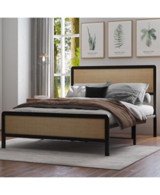 Rattan Queen Bed Frame, Boho Bed Frame with Headboard & Footboard, Bed Frame with Strong Metal Slat, Noise Free, No Box Spring Needed.