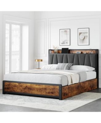Bed Frame with Storage Linen Upholstered Headboard, 4 Drawers Platform Bed Frame with Charging Station, No Box Spring Needed - Full