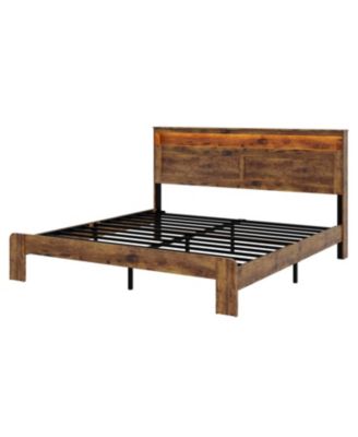 King Wood Bed Frame LED Headboard USB Storage