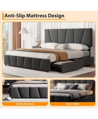 Bed Frame with Adjustable Headboard and 4 Storage Drawers, Soft Upholstered Platform Bed Frames with Wooden Slats Support
