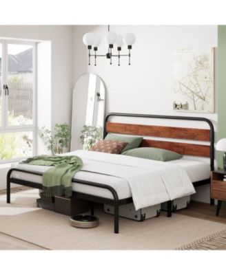  Platform Bed Frame with Wood Headboard, Heavy Duty Metal Slat Support, Noise Free Design Mattress Foundation