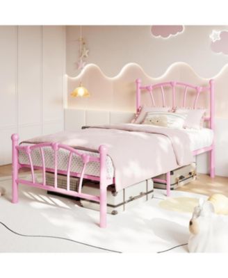 Metal Bed Frame, Bed Frames for Girls, Platform Bed with Heart-Shaped Design Headboard&Footboard, Heavy-Duty - Twin