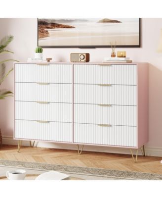 Fluted 8-Drawer Dresser for Bedroom, 55" Wide Modern Wooden Chest of Drawers, Pink