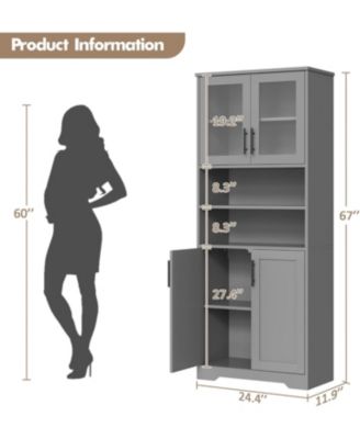 67" Tall Storage Cabinet, Freestanding Bathroom Cabinet with Glass Doors and Adjustable Shelves, Kitchen Pantry, Grey