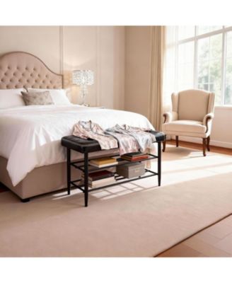 Shoe Rack Bench, Mid-Century Modern Storage Bench for Entryway, Crafted in Waxy Leather with Stitching Detail, 300Lb Load Capacity