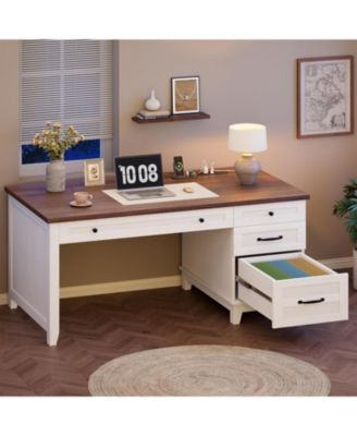 53.5" Farmhouse Executive Desk with File Drawers, Charging Station & Storage for Home Office, White