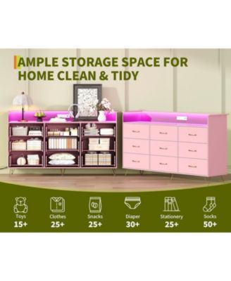 9-Drawer Tall Dresser with RGB Lights & Charging Station, App-Controlled LED Wooden Storage Chest, Pink