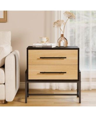 Farmhouse Nightstand with Drawers, Light Wood Side Table with Metal Legs, Bedside Storage Table, Dark Brown