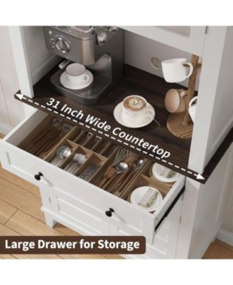 72" Farmhouse Coffee Bar Cabinet, Buffet Sideboard with Storage Drawers and Glass Doors for Kitchen or Dining Room, White