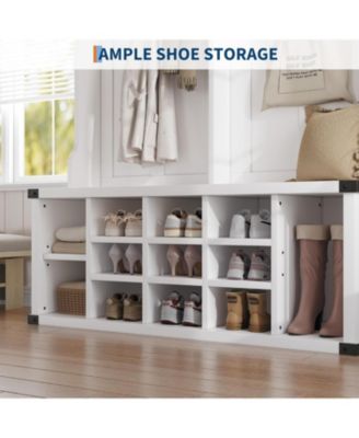 Hall Tree with Bench and Shoe Storage, Tall Farmhouse Entryway Coat Rack with Adjustable Shelf, White