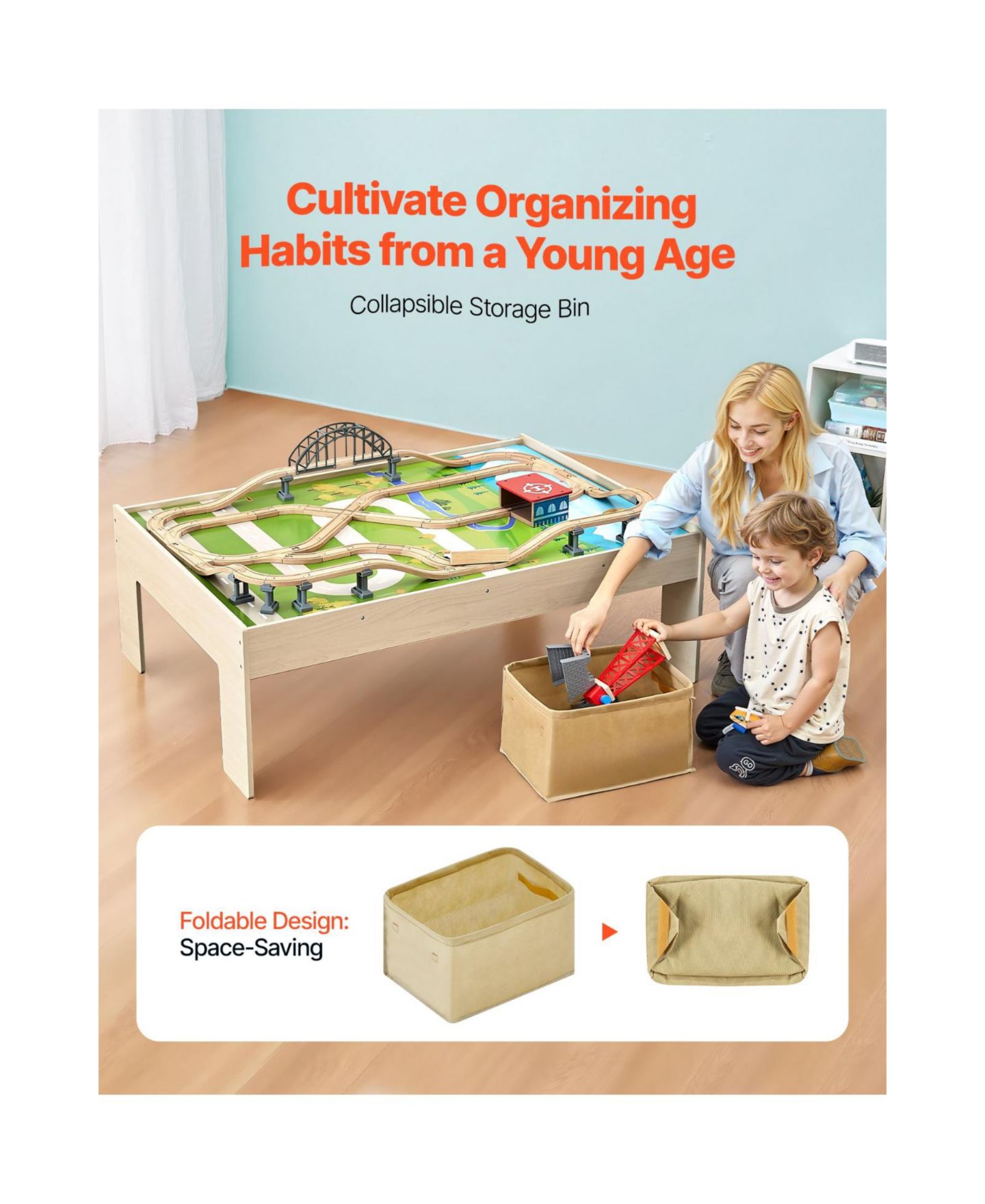 Детские игрушки Slickblue Train 120-Piece Wooden Activity Table with Collapsible Storage, цвет: Натуральный — фото 5