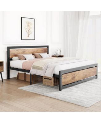 14 Inch Heavy Duty Industrial Metal Platform Bed Frame with Wooden Headboard - Full