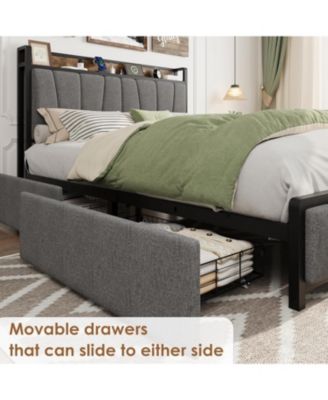 Full Platform Bed Frame with Storage Drawers and Charging Station, Upholstered Bed with Headboard Shelf, Large Underbed Storage