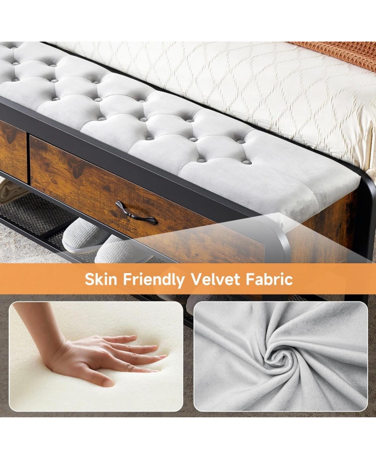 Gaomon Queen Bed Frame with Wood Headboard & Storage Bench – 14" Heavy Duty Metal, Noise-Free, Easy Assembly, Brown