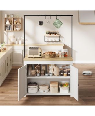 42" Kitchen Island with Storage, Heavy Duty Mobile Cart with Solid Wood Top, Shelves & Hooks