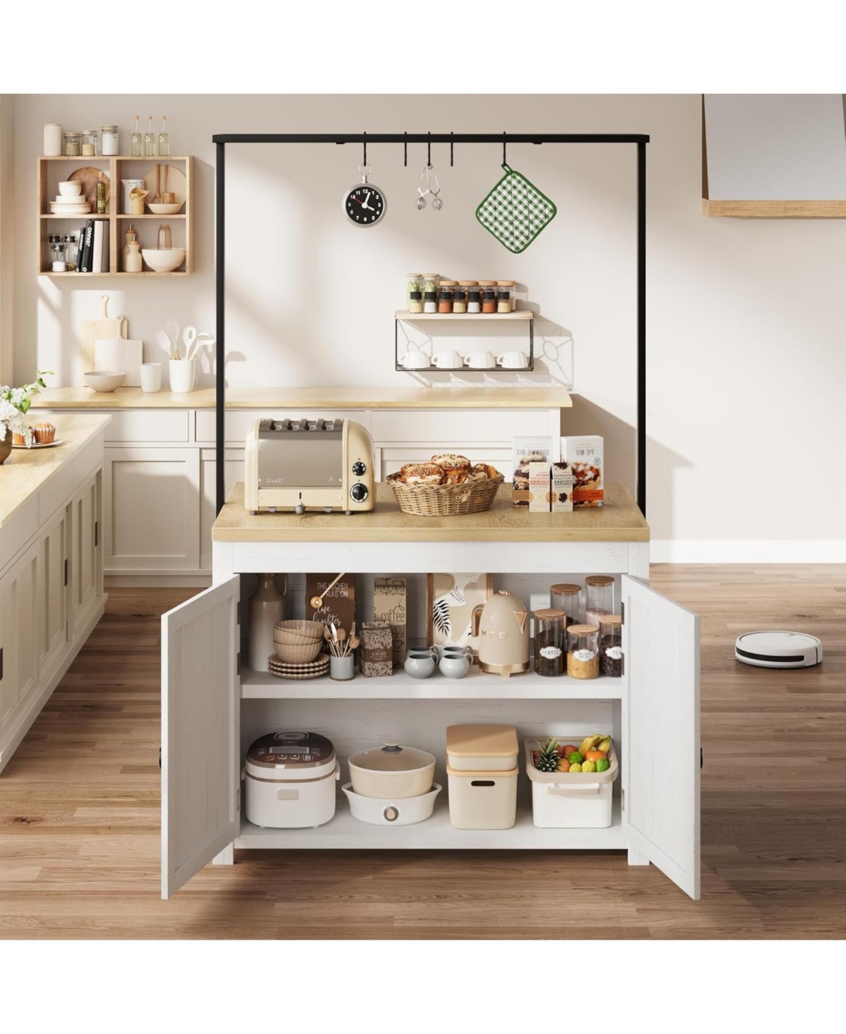 gaomon 42" Kitchen Island with Storage, Heavy Duty Mobile Cart with Solid Wood Top, Shelves & Hooks