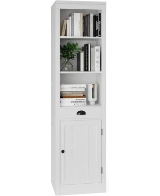 71" Tall Bookcase with Door & Drawer, 5-Tier Narrow Bookshelf with Adjustable Shelf for Home Office