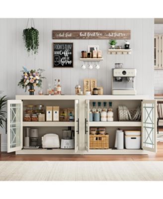 Buffet Sideboard Cabinet with Storage, Modern Coffee Bar Cabinet with 4 Glass Doors