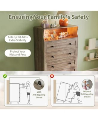 5-Drawer Wooden Dresser with LED Lights & Charging Station, Modern Nightstand Chest for Bedroom