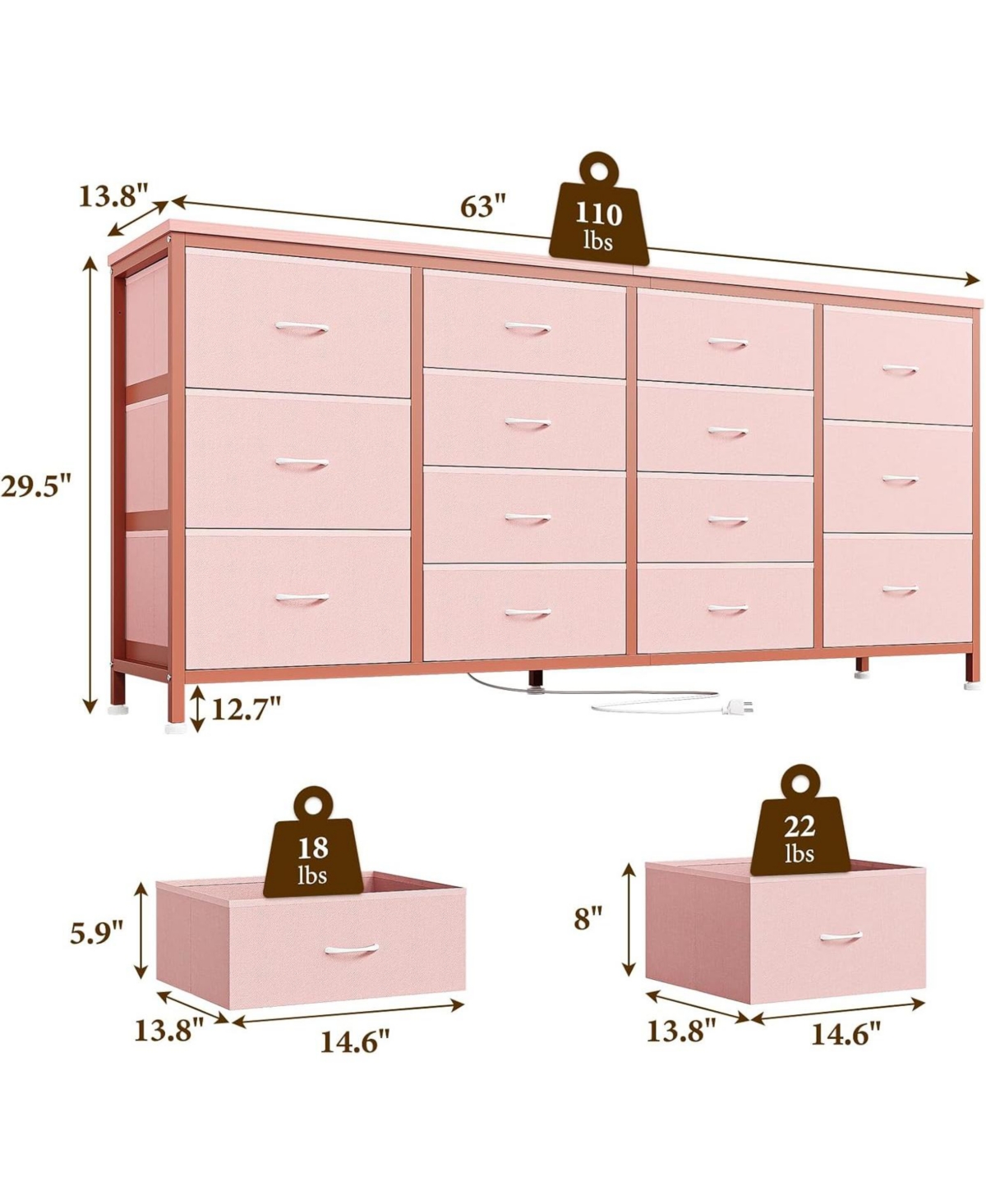 gaomon 14-Drawer Dresser, 63" Wide Tv Stand Storage Chest for Bedroom