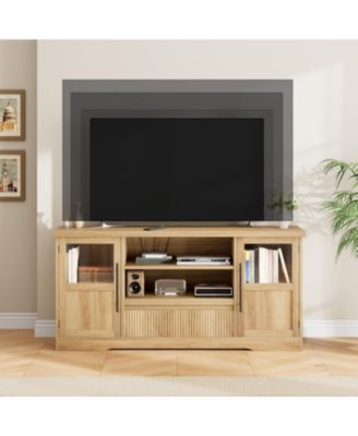 72" Farmhouse TV Stand, Entertainment Center with Wave Pattern, Glass Door Cabinets and Open Storage