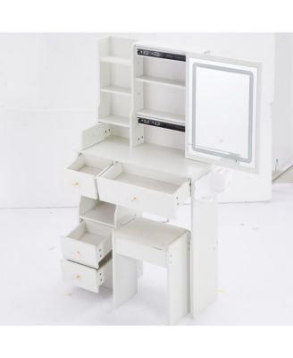 2-Piece Wood Vanity Table Set with Drawer, Cushioned Stool, LED Mirror, Power Outlets, Hairdryer Holder