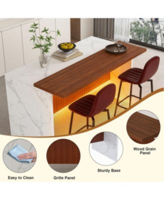  63" Modern White Kitchen Island with Marble-Look Surface & LED Lights (Island Only