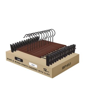 12-Pack Metal Pants Hangers with Adjustable Clips, Premium Beech Wood Skirt Bottom Hangers for Trousers, Jeans, Shorts, Socks