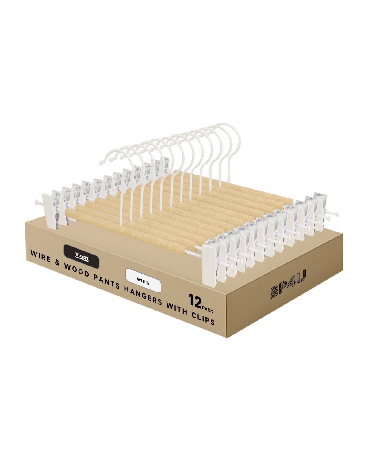 BP4U 12-Pack Metal Pants Hangers with Adjustable Clips, Premium Beech Wood Skirt Bottom Hangers for Trousers, Jeans, Shorts, Socks - White/natural woo