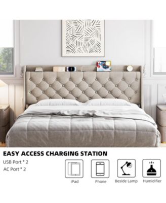 King Linen Upholstered Platform Bed Frame with Wingback Headboard Built-in Storage Shelf Power Outlets USB Ports Wood Slats Underbed Space