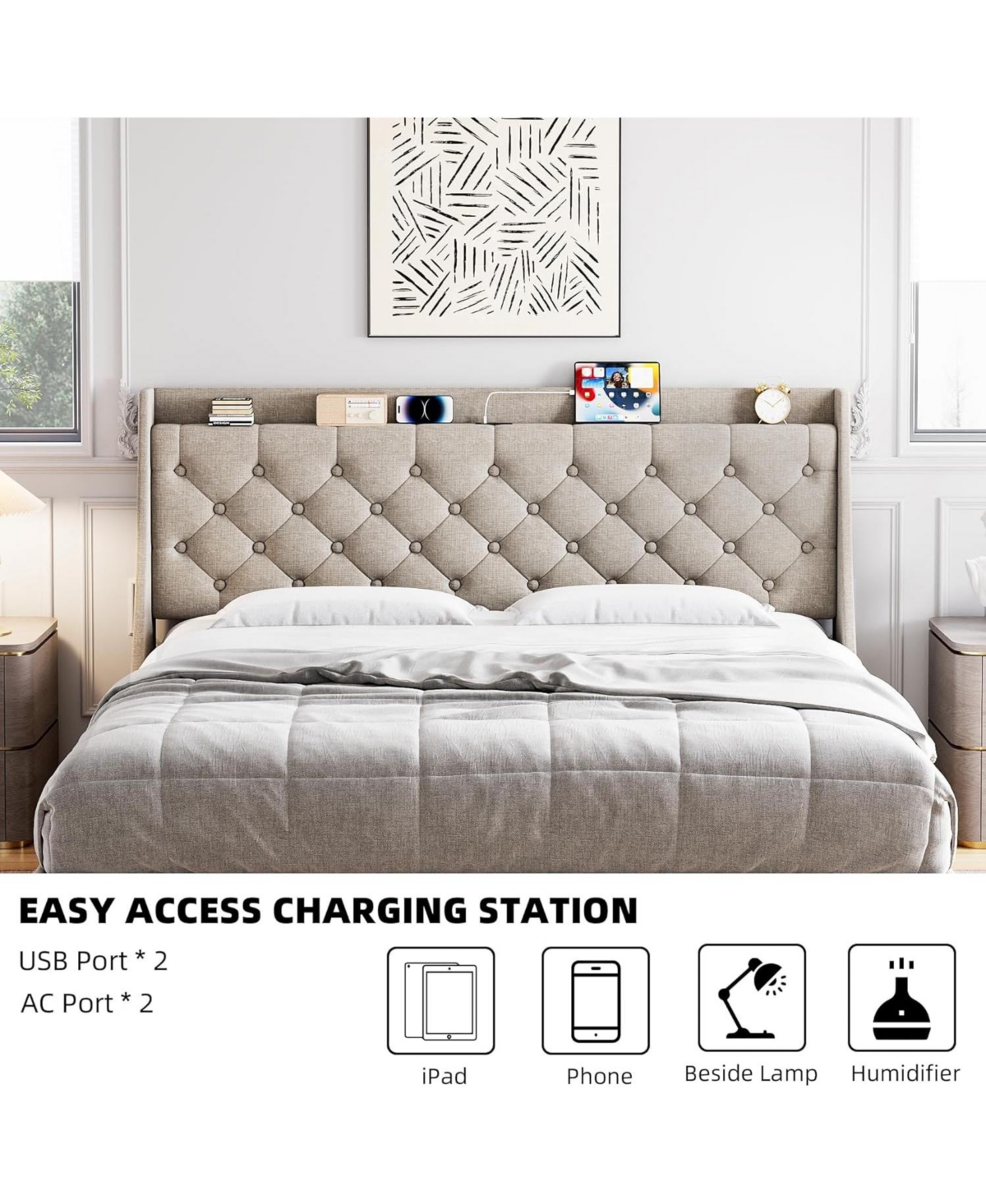 gaomon King Linen Upholstered Platform Bed Frame with Wingback Headboard Built-in Storage Shelf Power Outlets Usb Ports Wood Slats Underbed Space