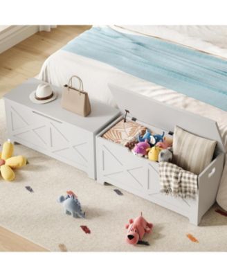 39.4" Wooden Storage Chest, Storage Bench with Safety Hinges for Entryway & Living Room, White