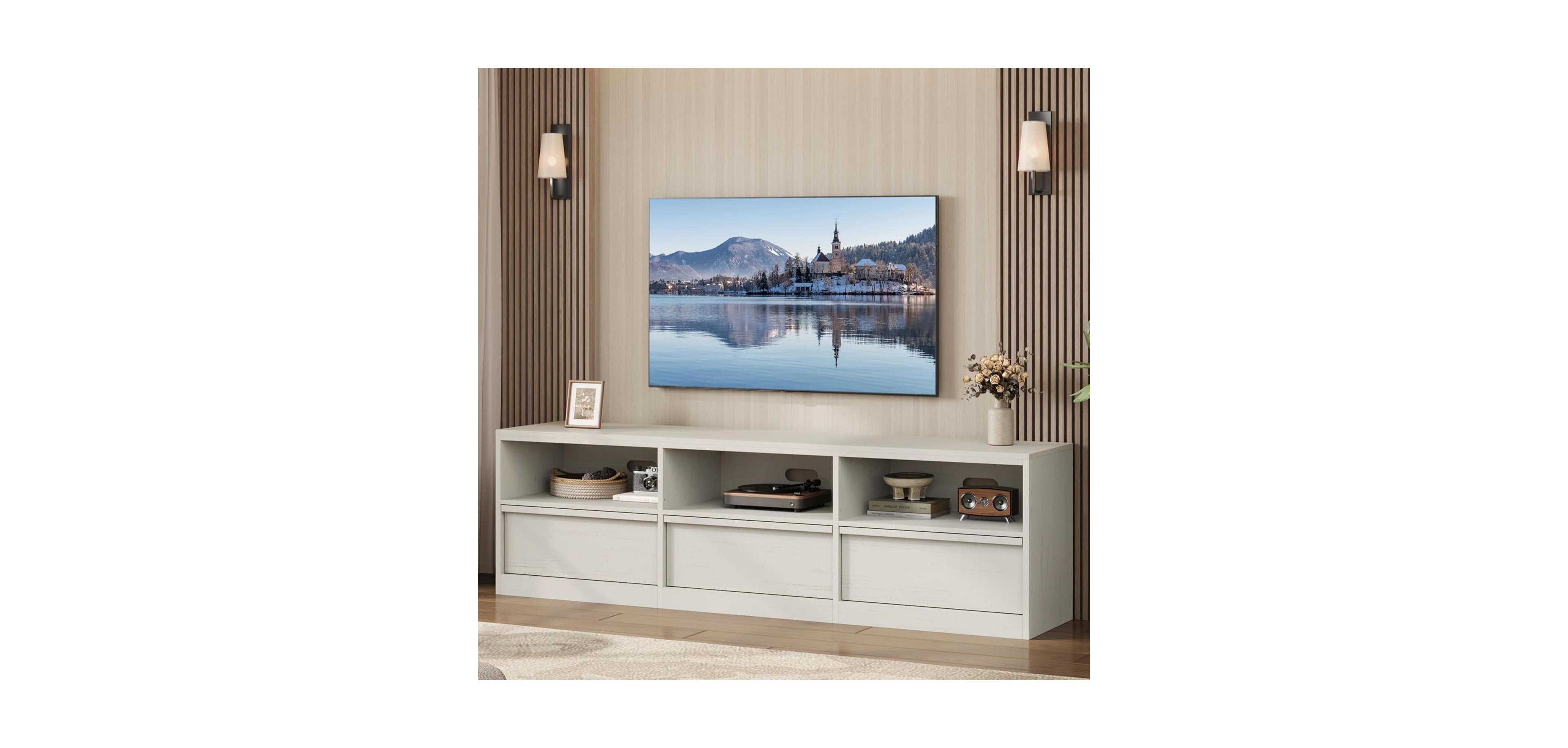 gaomon 70" Tv Stand for TVs up to 85", Mid-Century Modern Entertainment Center with Drawer & Open Shelves