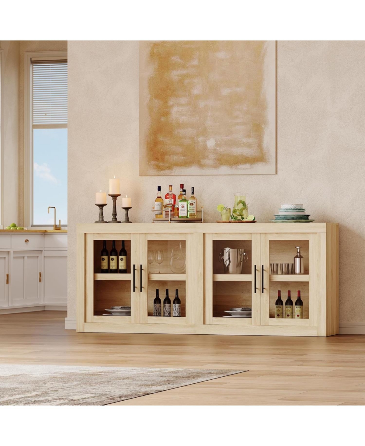 gaomon 70.8" Sideboard Buffet Cabinet with 4 Glass Doors, Farmhouse Modern Accent Storage Cabinet, Beige