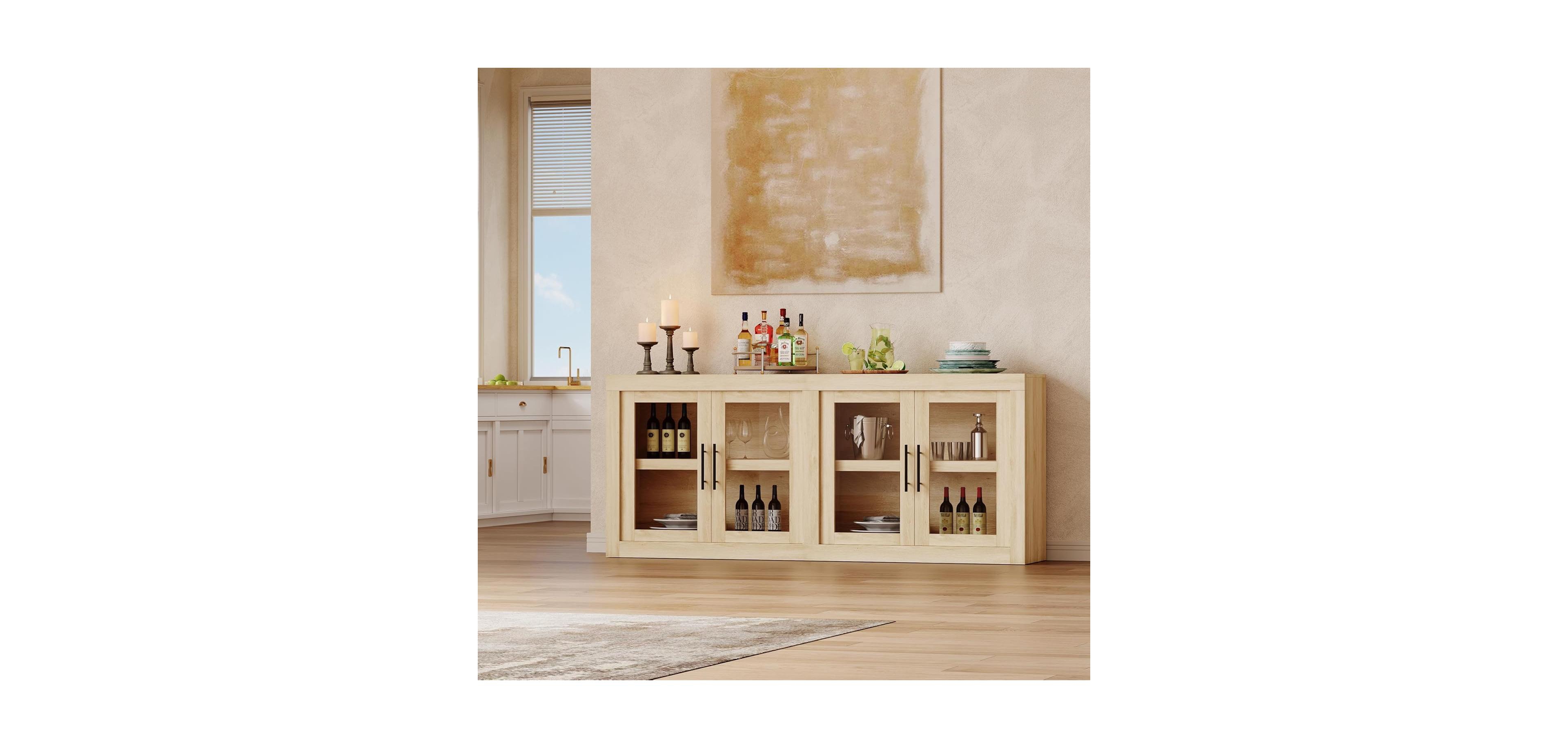 gaomon 70.8" Sideboard Buffet Cabinet with 4 Glass Doors, Farmhouse Modern Accent Storage Cabinet, Beige