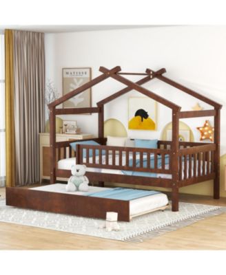 Twin Size Wooden House Bed With Twin Size Trundle