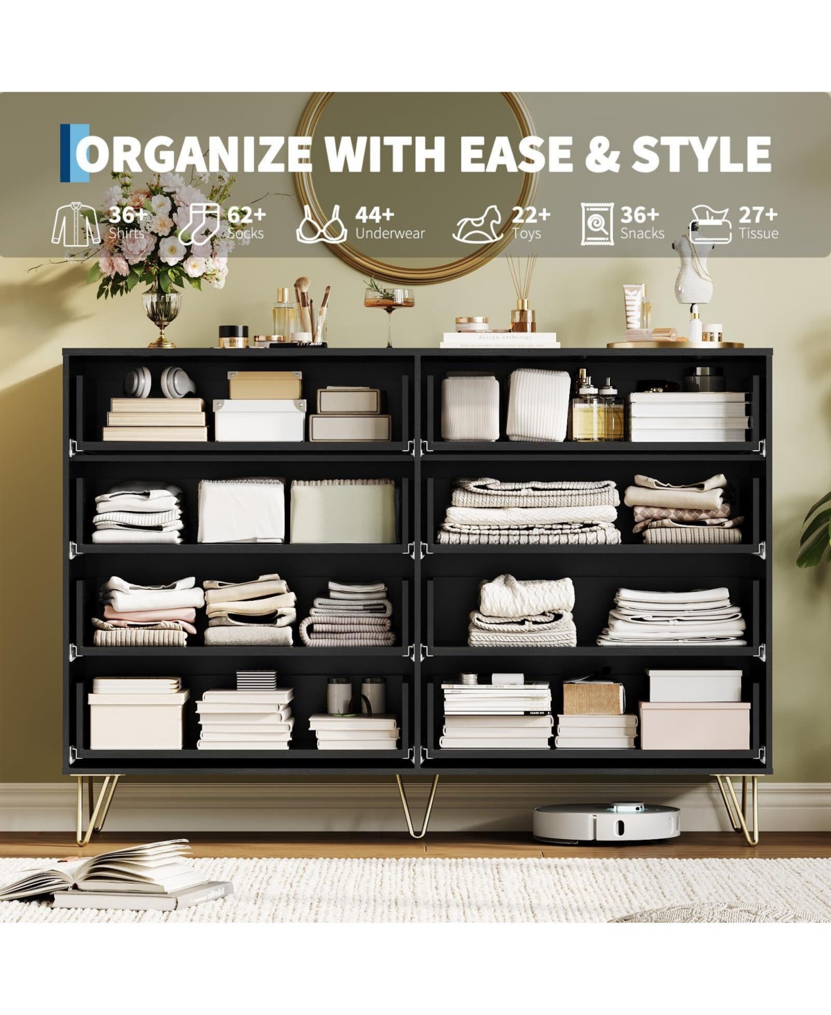 gaomon 55" Wide Modern Wooden Chest of Drawers, Fluted 8-Drawer Dresser for Bedroom