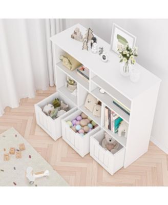 Toy Storage Cabinet with 3 Movable Drawers and 6 Cubes, Kids Bookshelf Organizer with Wheels