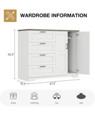 Storage Cabinet with 4 Drawers and 2 Doors, Freestanding Wardrobe with Hanging Rod