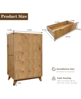 48" Tall 5-Drawer Fluted Dresser, Mid-Century Storage Chest for Bedroom and Entryway, Beige