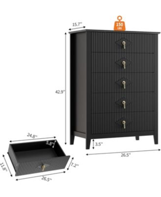43" Tall Fluted Dresser, 5 Drawer Modern Wood Storage Chest for Living Room or Entryway, Black