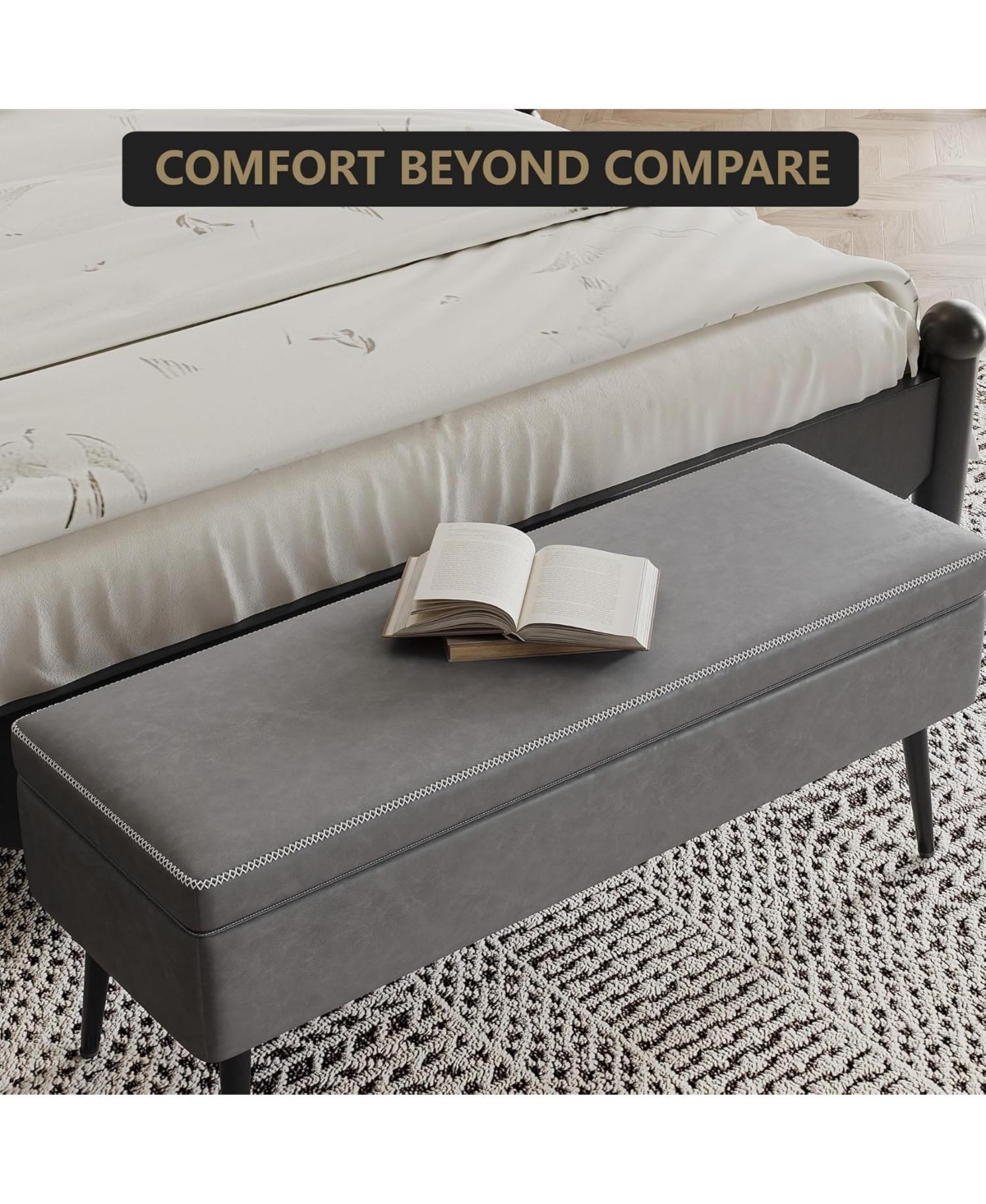 gaomon Pu Leather Upholstered Storage Ottoman Bench, 48 Inch End of Bed Bench with Storage & Sturdy Iron Legs, 680 Lbs Capacity, Grey Ottoman