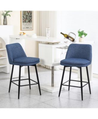 Blue Linen Counter Height Swivel Barstools (Set of 2), Upholstered with Metal Legs
