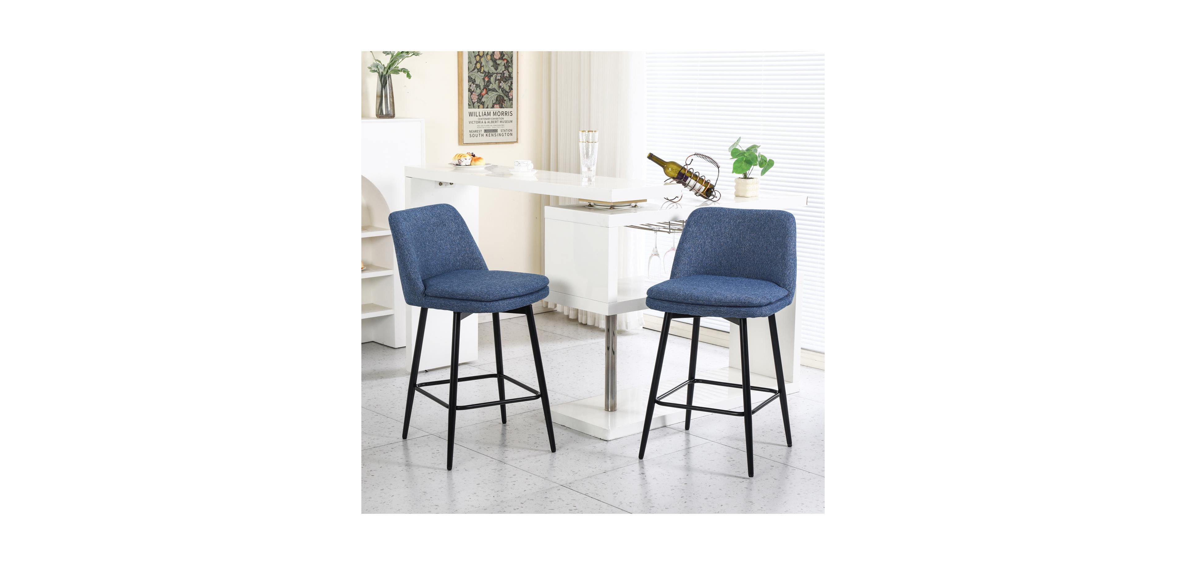 Streamdale Furniture Blue Linen Counter Height Swivel Barstools (Set of 2), Upholstered with Metal Legs