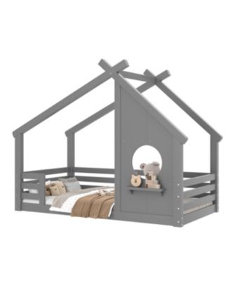House Floor Bed with Window and Shelf, Solid Wood