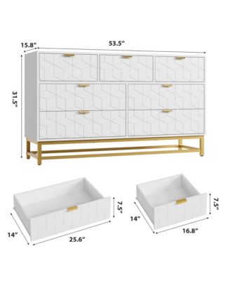 Modern Dresser for Bedroom, 53.5" Wide 7-Drawer Organizer with Golden Metal Handles and Legs, Stylish Chest of Drawers for Living Room