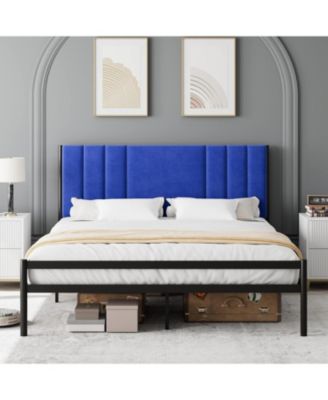 King Bed Frame, Platform Bed Frame with Velvet Headboard, Heavy Duty Metal Bed Frame with 15 Strong Slats Support