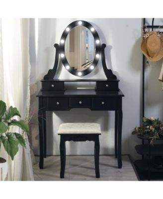 Vanity Desk with Mirror and Lights, Wood Makeup Dressing Table with Stool and 5 Drawers, Black
