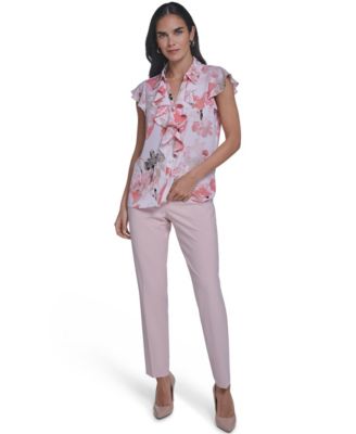 Women's Printed Cap-Sleeve Ruffle Front Top